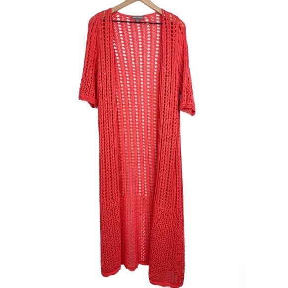 Jessica London Crochet Cardigan M Pink Boho Coastal Cotton Euro Summer Duster - Picture 2 of 8